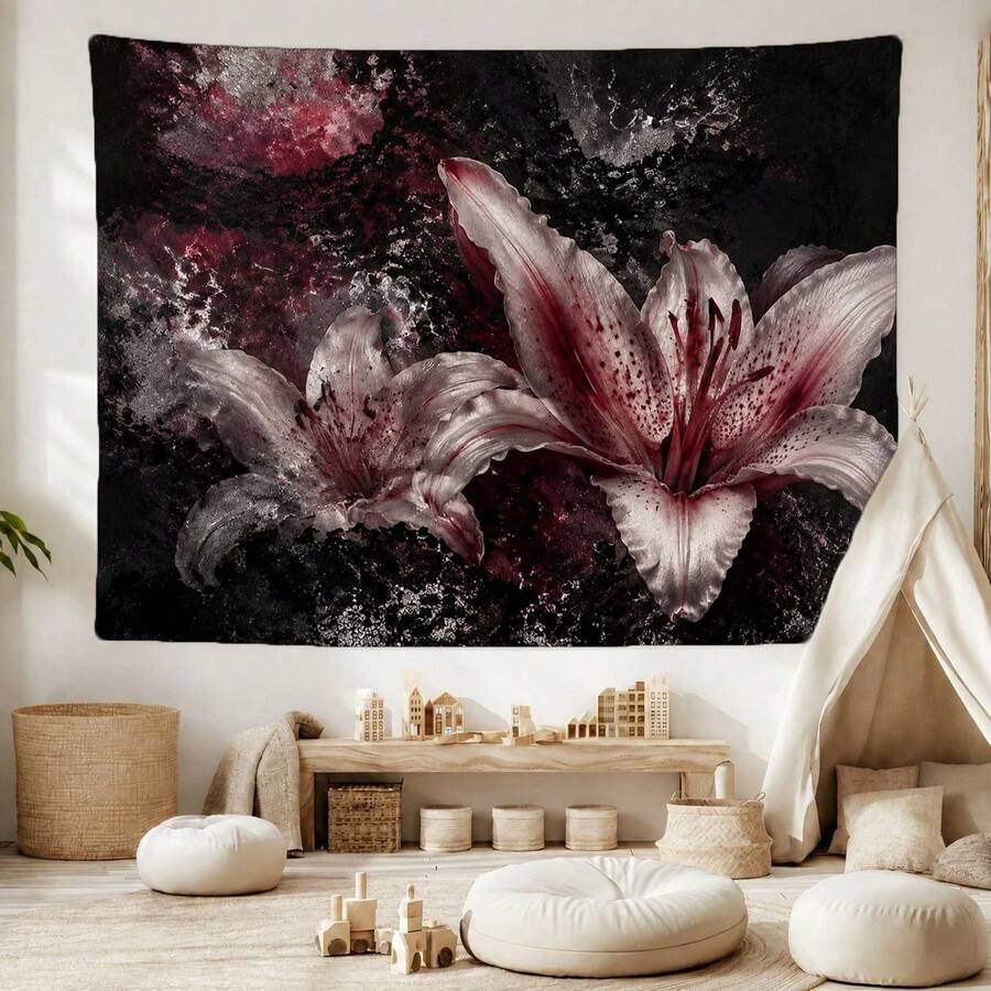 Moody Dark Red Lily Floral Wall Tapestry, Gothic Vintage Style ...