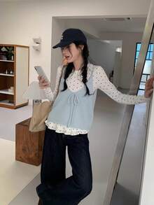 Polka Dot Lace Patchwork Long Sleeve T-Shirt Women Slim Fit Flattering Top Knit Camisole 2 Pieces Set - Blue - View 9
