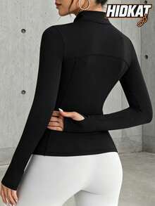 Women's Fashion Solid Color Zipper Mock Neck Long Sleeve Yoga Casual Sports Knit Jacket - Black - View 2