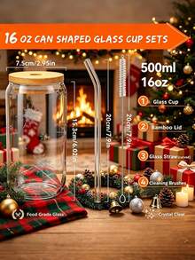 1pc/5pcs 16oz Christmas Mason Glass Cup With Bamboo Lid And Glass Straw ...
