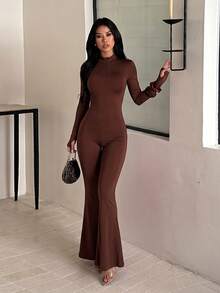 Autumn Solid Color Long Sleeve Flared Leg Jumpsuit, Street Casual Basic Party - Brown - View 3