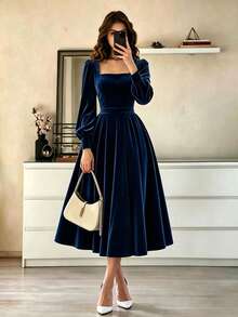 Women's Solid Color Pleated Elegant Cinched Waist Party Long Dress - Navy Blue - View 1