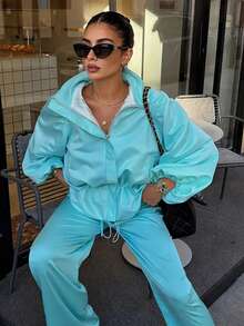 2026 Autumn New Solid Color Drawstring Satin Petal Sleeve Drawstring Hem Short Jacket Daily Date Long Sleeve Jacket Autumn/Winter - Mint Blue - View 5