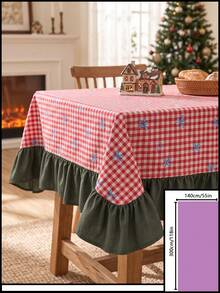 1pc Red & White Classic Small Plaid Blue Bow Print Tablecloth, Traditional Country Style Rectangular Green Leaf Edge Pleated Detail Stain-Resistant Protective Table Cover, Suitable For Christmas Family Gathering And Winter Holiday Dining Room Decor - Red - View 18