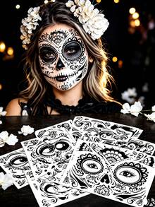 12 Sheets Halloween Sugar Skull Face Temporary Stickers, Day Of The Dead Floral Skull Full Face Stickers, Cosplay Festival Party Face Decorations - Multicolor - View 5