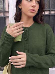 Women's Korean Style Minimalist Preppy Solid Color Round Neck Ribbed Front Button Casual Versatile Long Sleeve Cardigan - Dark Green - View 4