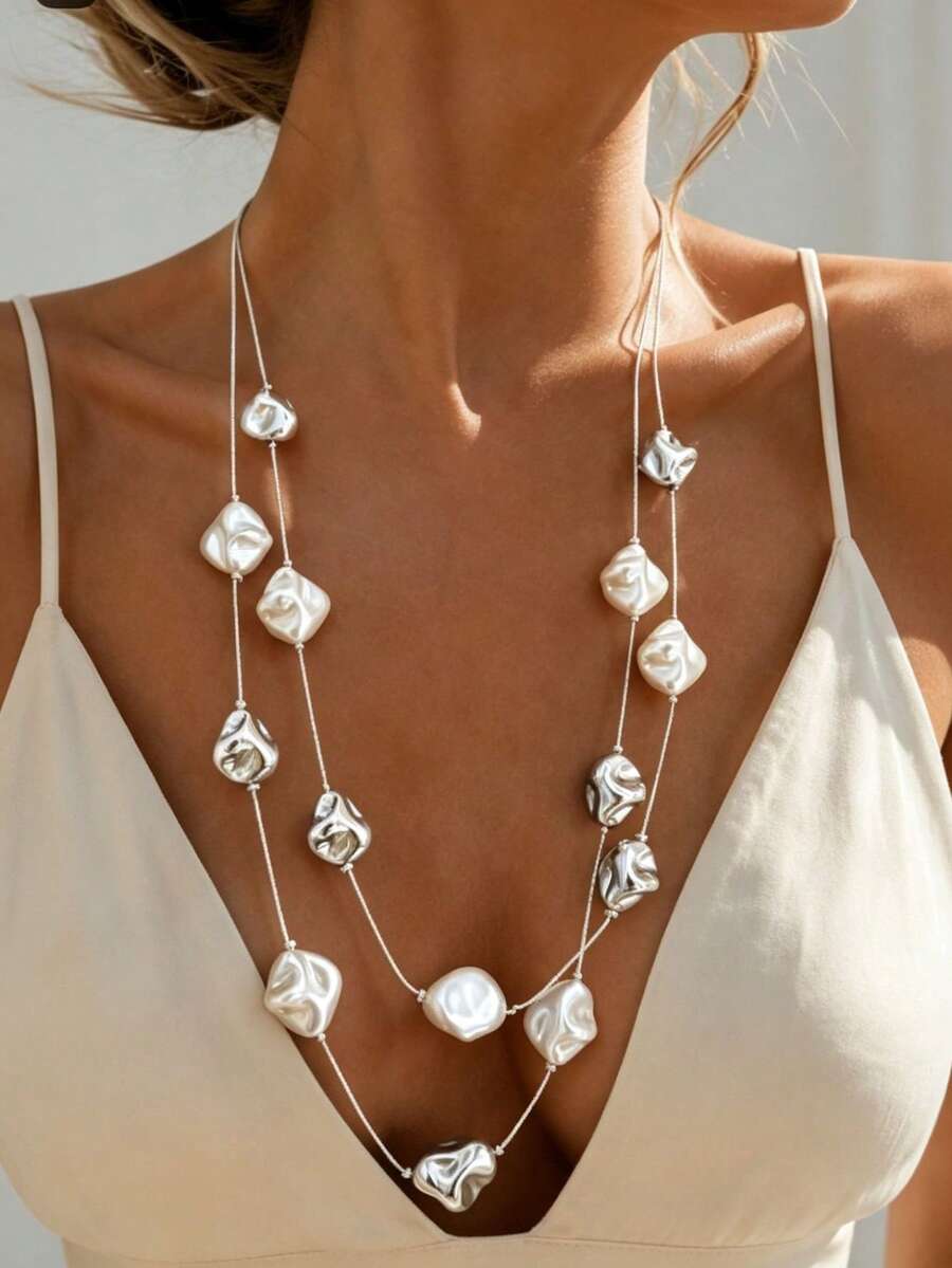 1pc Asymmetrical Baroque Faux Pearl Necklace, Long Sweater Chain Style, High-End Layering Versatile Neck Chain For Women (Random Tail Chain) - Multicolor - View 1