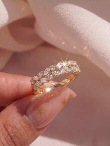 1pc Asymmetric Double Half-Wrap Rectangular & Round Cubic Zirconia Ring, Women's Wedding, Promise, Eternity Ring, Exquisite Jewelry Gift - Double Half Circle Rectangular Marquise Round Diamond Ring - View 3