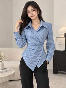 YUXIN Women's Blue Striped Wrap Shirt Collared Asymmetric Button Front Self Tie Back Fitted Elegant Top For Office Date Dinner Fall Daily Wear - Blue Bar - View 4