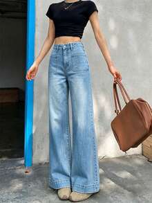 Women's Light Wash High Waist Loose Fit Stretch Denim Jeans, Wide Flared Hem & Fashion Patch Front Pockets Casual Pants - Blue - View 6