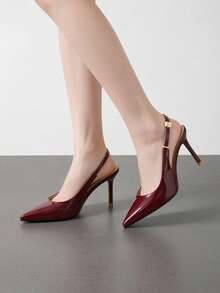 Adjustable Strap Backless High Heel Shoes, Plus Size Wide Fit Pointed Toe Elegant Commute Party Pumps - Burgundy - View 5