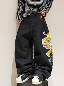 1pc American Street Fashion Tiger Embroidery Men's Loose Wide-Leg Jeans, Comfortable Casual Versatile Denim Pants, All Season - Black - View 2