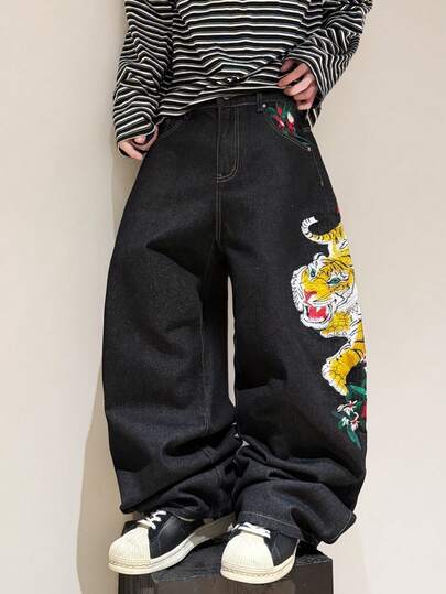 1pc American Street Fashion Tiger Embroidery Men's Loose Wide-Leg Jeans, Comfortable Casual Versatile Denim Pants, All Season