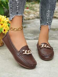 Women's Spring New Arrival Golden Chain Elegant Slip-On Loafers, Lightweight Comfortable Versatile Rubber Flat Shoes - Coffee Brown - View 2