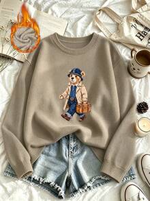 Women's Plus-Size Casual, Cute Faux-Knit Sweater Featuring A Stylish Bear Graphic-A Versatile Top Perfect For Everyday Wear In Autumn And Winter. - Camel - View 6
