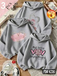 Autumn/Winter 3 Pieces Set Girls Fleece Hoodie, "Not Lucky Simply Blessed" Print, Leopard Trim Y2K Style - Heather Gray+Heather Gray+Heather Gray - View 1