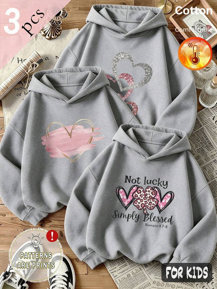 Autumn/Winter 3 Pieces Set Girls Fleece Hoodie, "Not Lucky Simply Blessed" Print, Leopard Trim Y2K Style - Heather Gray+Heather Gray+Heather Gray - View 1