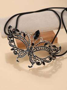 1pc Glass Rhinestone Butterfly Shaped Masquerade Mask, Halloween Personalized Face Decoration - Black - View 3