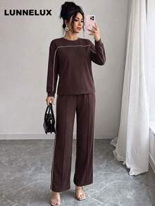 LUNNELUX Women Fall Brown Knit 2 Pieces Outfits, White Piping Round Neck Long Sleeve Top & Wide Leg Pants Set Halloween Travel Daily Tracksuit - Dark Brown - View 10