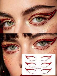 1pc Red Rhinestone Eyeliner Sticker, Self-Adhesive Crystal Eye Tail Decoration Sticker, Upper Eye Tail Rhinestone Strip + Lower Eyelid Fine Rhinestone Combination Eye Makeup Sticker, Waterproof Shiny Eye Rhinestone Decor, Suitable For EDM Party, Halloween Cosplay - Red - View 2