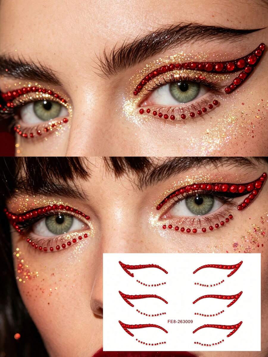 1pc Red Rhinestone Eyeliner Sticker, Self-Adhesive Crystal Eye Tail Decoration Sticker, Upper Eye Tail Rhinestone Strip + Lower Eyelid Fine Rhinestone Combination Eye Makeup Sticker, Waterproof Shiny Eye Rhinestone Decor, Suitable For EDM Party, Halloween Cosplay