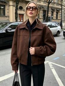 Women's Lapel Zip-Up Polyester Shacket, Long Sleeve Regular Length, Suitable For Autumn/Winter Wear - Brown - View 2