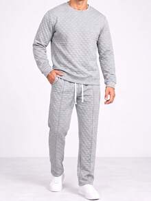 2pcs Gray Plaid Embossed Crew Neck Men's Set, Men's Long Sleeve Sweatshirt Set, Men's Drawstring Pants, Textured Plaid Design, Casual Sports Style, Campus, Friends Gathering, Commuting, Short Trips - Grey - View 1