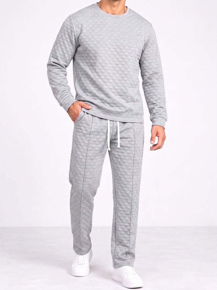 2pcs Gray Plaid Embossed Crew Neck Men's Set, Men's Long Sleeve Sweatshirt Set, Men's Drawstring Pants, Textured Plaid Design, Casual Sports Style, Campus, Friends Gathering, Commuting, Short Trips - Grey - View 1