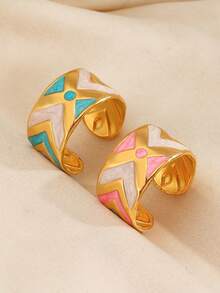 2pcs Stainless Steel Fashion Minimalist Colorful Oil Drop Rings Suitable For Women Daily Wear And Party - Multicolor - View 6
