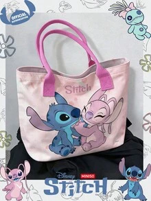 Miniso Disney Stitch & Angel Pink Tie-Dye Canvas Tote Bag, Casual Shoulder Bag With Handle, Suitable For Daily Use - Pink - View 2