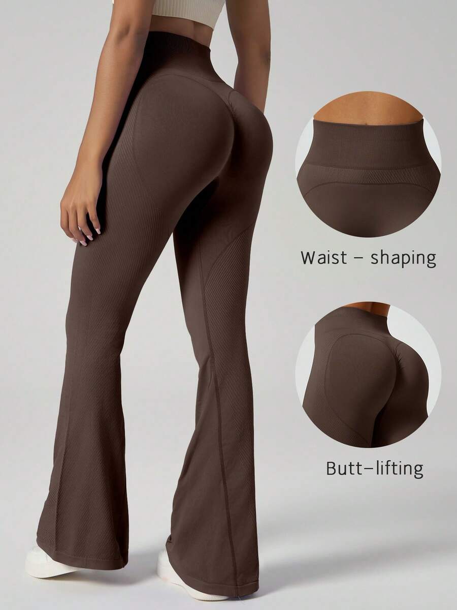 High Waist Flare Leggings, Ribbed Tummy Control & Butt Lift, Elastic Outdoor Dance Fitness Yoga Tight Pants, Autumn/Winter Sportswear - Coffee Brown - View 1