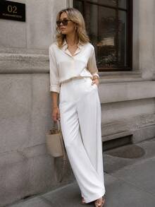 Pantalon femme taille haute plissé jambes larges, pantalon blanc drapé pour le printemps/été, style bureau et vacances - Blanc - Voir 3