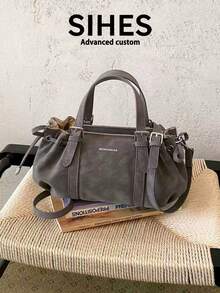 1pc Solid Color PU Leather New Women's Backpack, Shoulder Bag, Crossbody Bag, Fashion Square Handbag, Boston Bag, Zipper Closure, Dual Handles, Suitable For Commuting, Shopping, Dating, - Grey - View 7