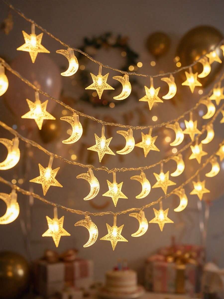 1pc 20/40LED,3/6m Star & Moon Battery Operated String Lights (Batteries Not Included), Fairy Tale Lights For Room Decor, Birthday Party, Wedding, Gift, All Seasons - Stars and Moon - View 1