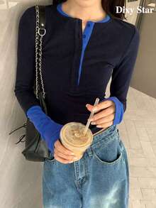 Women's Button V-Neck Long Sleeve Fitted Base Layer T-Shirt Casual Style - Navy Blue - View 1