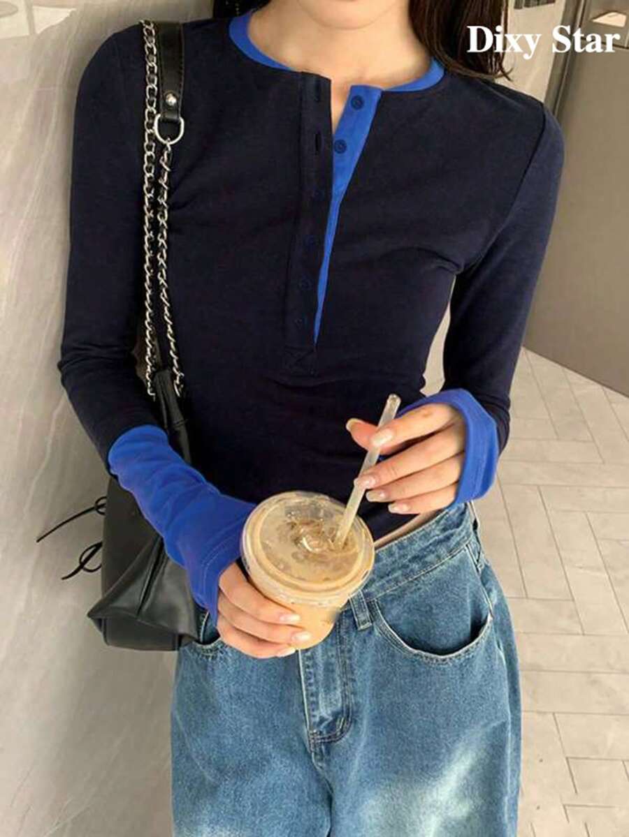Women's Button V-Neck Long Sleeve Fitted Base Layer T-Shirt Casual Style - Navy Blue - View 1