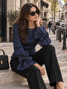 Elegant Women's Round Neck Striped Blouse, Bow Design Bell Sleeves, Polyester Fabric, Suitable For Spring And Autumn Seasons, Elegant Office And Casual Fashion Style - Blue - View 11