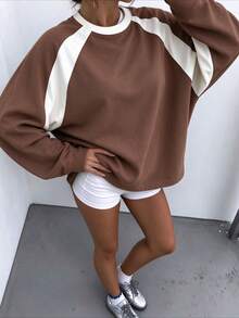 Women's Autumn Long Sleeve Crew Neck T-Shirt, Raglan Sleeve Casual Top - Brown - View 2