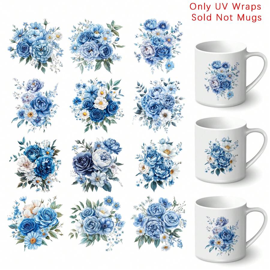 12pcs/Set Elegant Blue Rose Flower Theme Patten UV Transfer - For ...