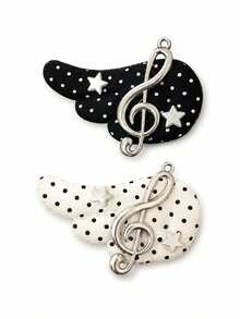 2pcs/Set Musical Note Angel Wing Hair Clips | Black & White Polka Dot Edge Clips | Vintage Sweet & Cool Hair Accessories - Black and White - View 3