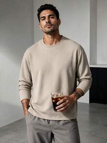 Blueprint Man 1pc Men's T-Shirt, Khaki Crew Neck Long Sleeve Top, All-Over 3D Embossed Geometric Pattern, Soft Skin-Friendly Fabric, Delicate And Soft Touch, Loose Drop Shoulder Fit, Flattering For All Body Types, Casual Slouchy, Spring/Autumn Commute, Shopping, Travel, Old Money Style - Khaki - View 2