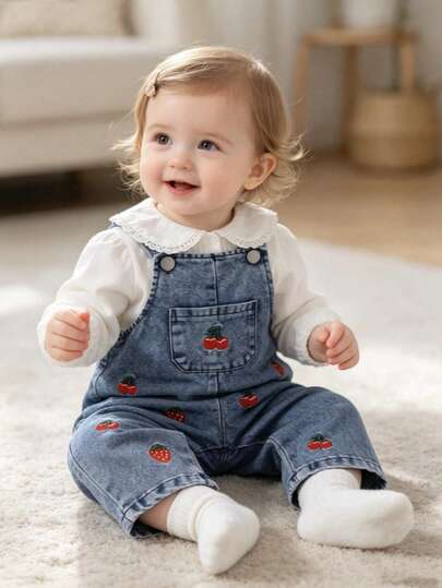 1pc Baby Girl Cute Casual Cherry & Strawberry Fruit Pattern Romper Long Pants, Autumn