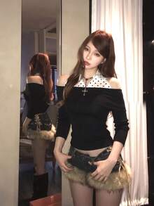 Autumn/Winter Sexy Style Black Halter Neck Knit Top, Ribbed Slim Fit, Sexy Shoulder-Baring Innerwear/Outerwear - Black - View 2