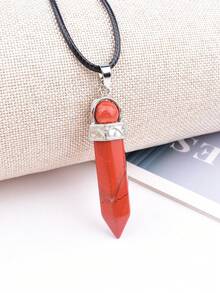 Natural Crystal Hexagonal Pillar Pendant Necklace, Rotating Round Bead Crystal Pillar Charm, Vintage Silver-Tone Leather Cord Necklace, Healing Energy Stone Accessory - Round Bead Single Point Pendant - View 8