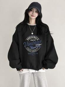 Women's Fashion Autumn/Winter Loose Casual Versatile Letter Print Pattern Crew Neck Sweatshirt - Black - View 1