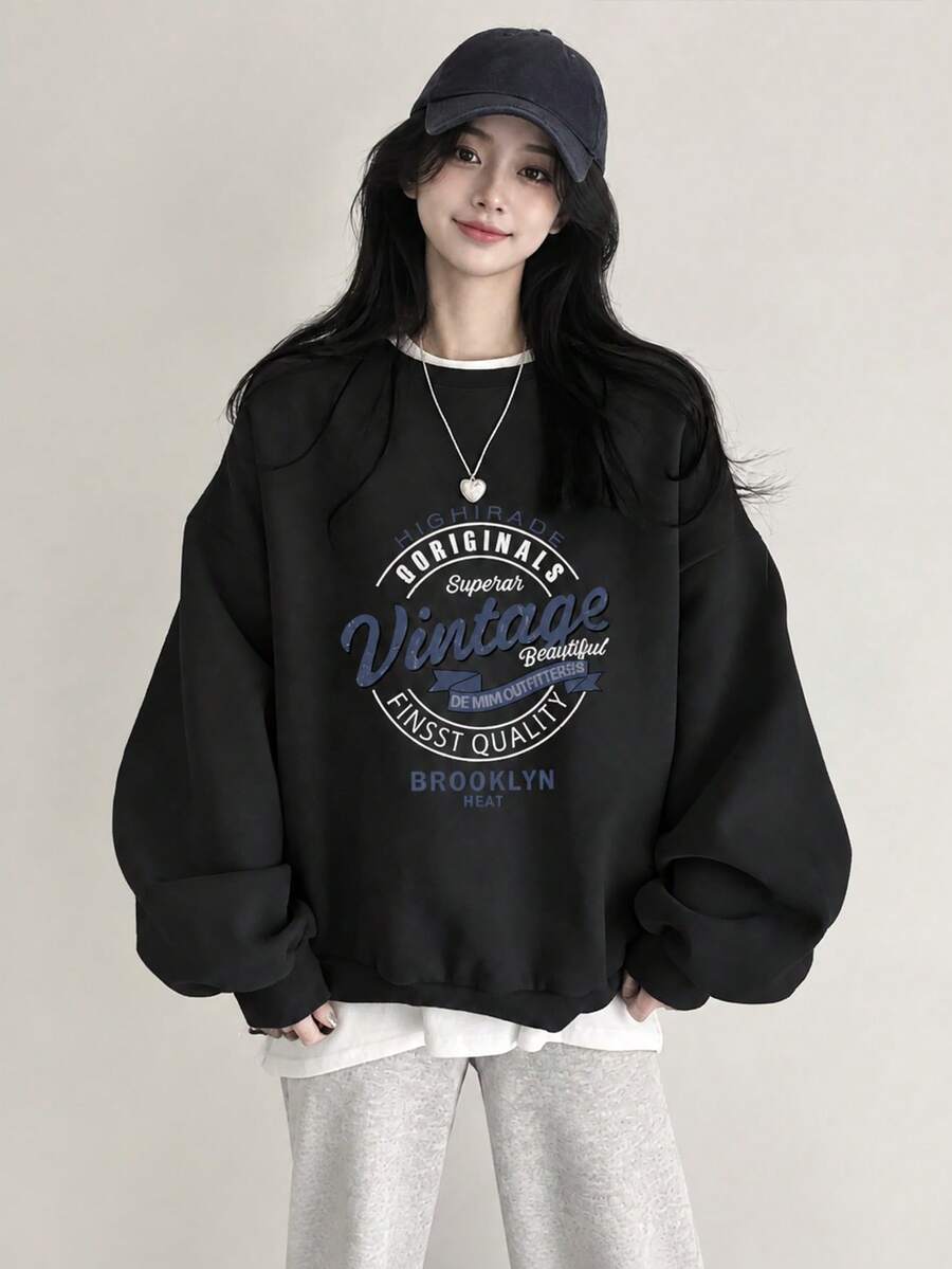 Women's Fashion Autumn/Winter Loose Casual Versatile Letter Print Pattern Crew Neck Sweatshirt - Black - View 1