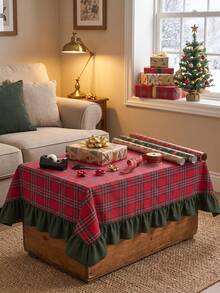 1pc Red & Green Classic Large Plaid Tablecloth, Traditional Country Style, Rectangular Green Leaf Edge With Pleated Details, Stain-Resistant Protective Table Cover, Functional Home Long Tablecloth Suitable For Christmas Family Gatherings And Winter Holiday Kitchen Decor - Red - View 4