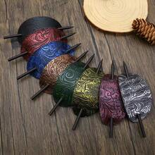 1pc Random Style Vintage Long Hair Bun Holder, Leather Oval Hair Stick Hair Clip - Multicolor - View 3