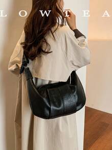 low tea 1pc Minimalist Fashion Crescent-Shaped PU Leather Shoulder Bag, Suitable For Commuting, Shopping And More - Black - View 9