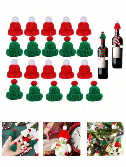 20pcs Mini Christmas Knitted Hats, Red & Green Knitted Decorations, DIY Handmade, Suitable For Wine Bottles, Dollhouses And Party Decor, Christmas Tree And Snowman Decorations, Random Colors, Christmas